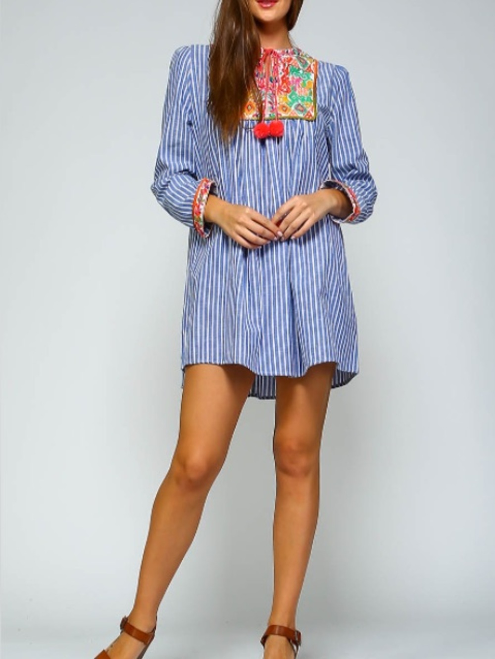 Velzera Blue White Stripe Embroidered Tunic Dress Pom Pom Tassel V-Neck Sz S